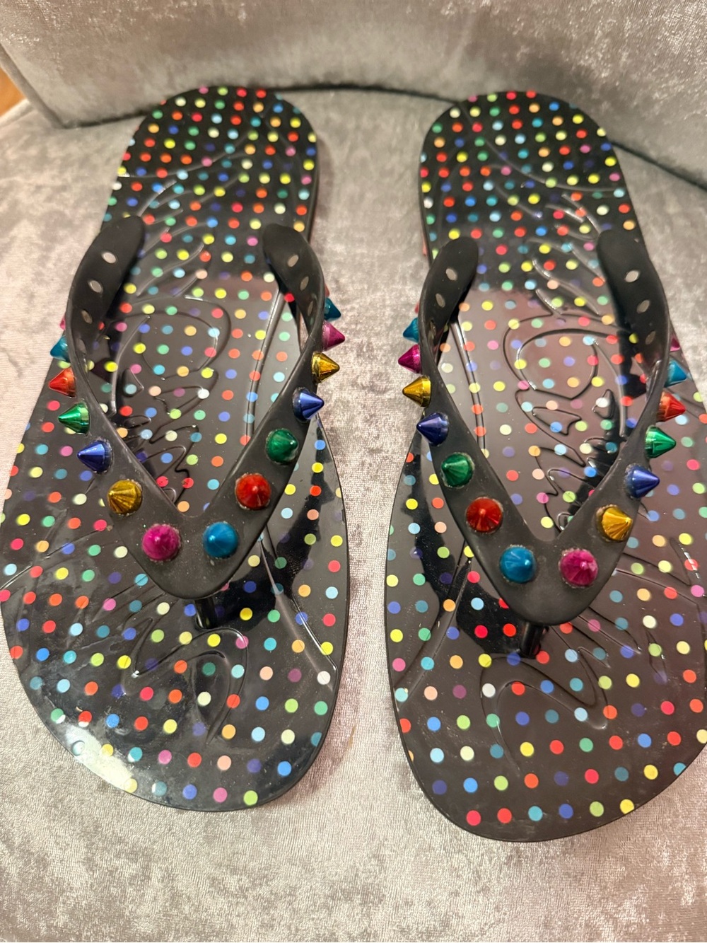 Christian Louboutin Black Polka Dot Flip Flop with Multicolor Studs